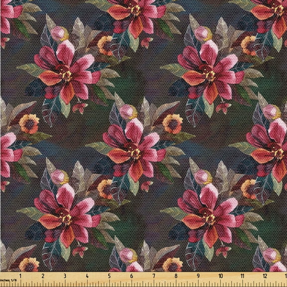 Ambesonne Flowers Vintage Fabric by the Yard Upholstery, Wild Floral Leaves, 1 Yard, Dark Pink Reseda Green