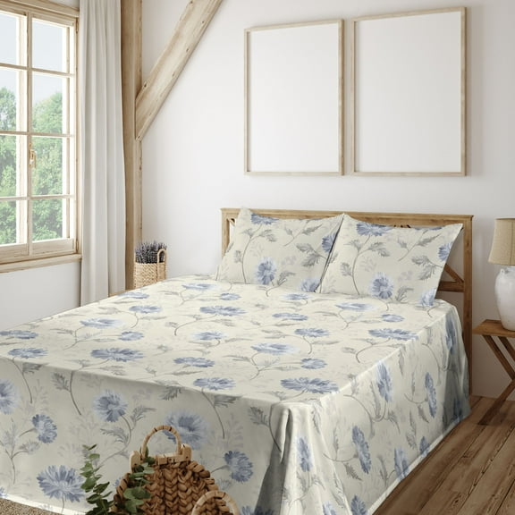 Ambesonne Flowers Vintage Fitted & Flat Sheet with Sham 3 Pcs Set, Boho Springtime Art, Twin, Pale Ceil Blue Pale Grey
