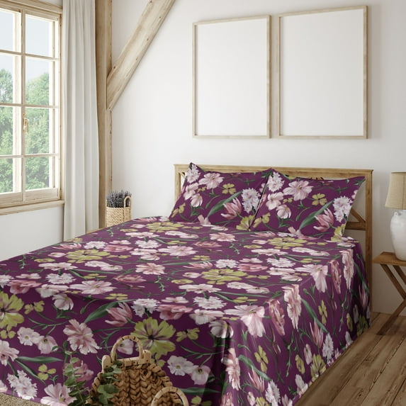 Ambesonne Flowers Vintage Fitted & Flat Sheet with Shams 4 Pcs Set, Oil Painting Flower, King, Apple Green Blush Ruby