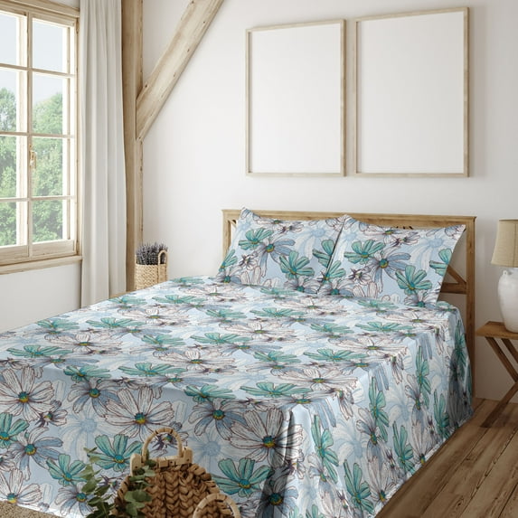 Ambesonne Flowers Vintage Fitted & Flat Sheet with Shams 4 Pcs Set, Sketchy Floral Boho, Full, Turquoise Ceil Blue White