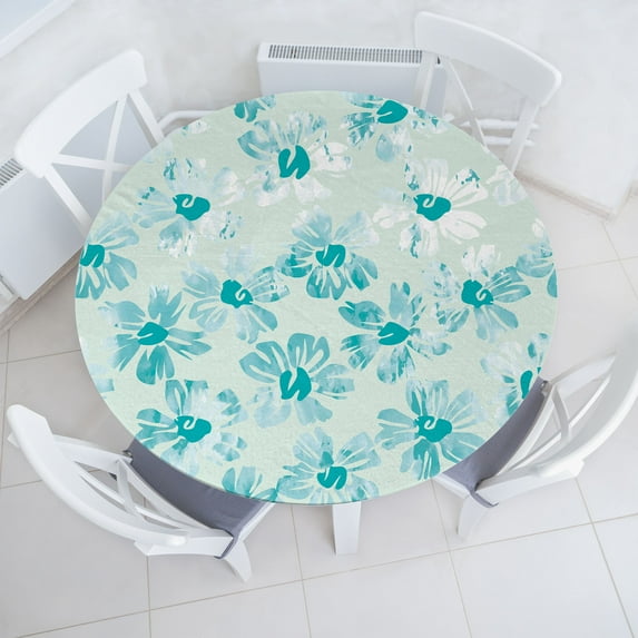 Ambesonne Flowers Vintage Fitted Round Tablecloth, Aquarelle Bloom Art, 45"- 56" Diameter, Dark Seafoam Almond Green