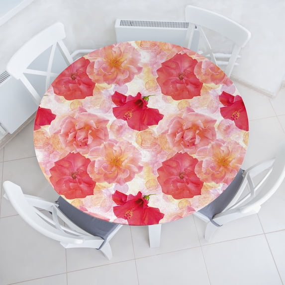 Ambesonne Flowers Vintage Fitted Round Tablecloth, Delicate Floral, 45"- 56" Diameter, Blush Coral Dark Pink