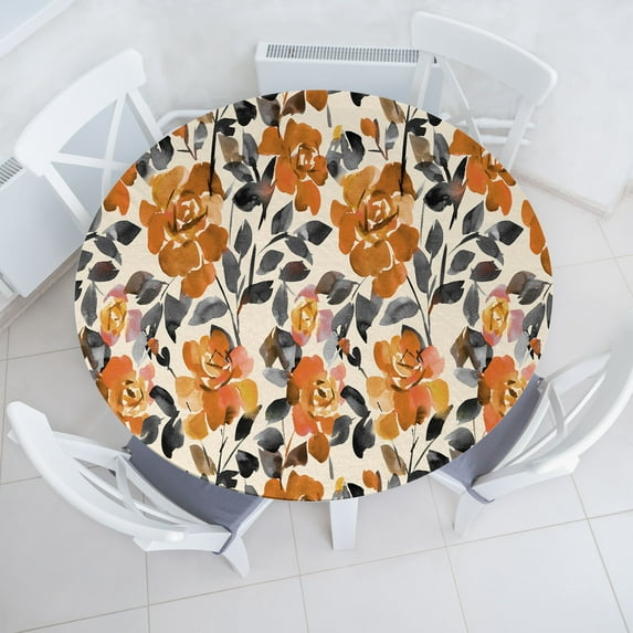 Ambesonne Flowers Vintage Fitted Round Tablecloth, Garden Vibes Rose, 56"- 60" Diameter, Burnt Sienna and Dark Teal