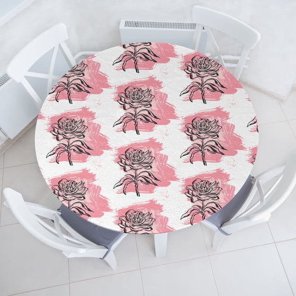 Ambesonne Flowers Vintage Fitted Round Tablecloth, Linear Rose Sketch, 56"- 60" Diameter, Pastel Pink Charcoal Grey
