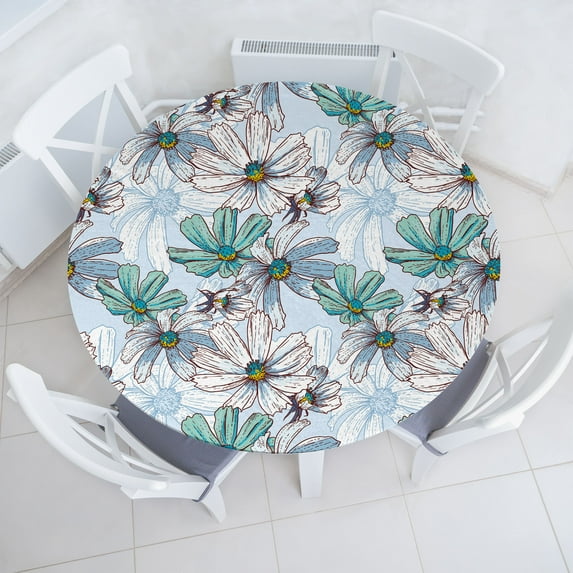 Ambesonne Flowers Vintage Fitted Round Tablecloth, Sketchy Floral Boho, 36"- 40" Diameter, Turquoise Ceil Blue White