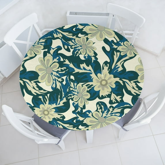 Ambesonne Flowers Vintage Fitted Round Tablecloth, Wild Jungle Boho, 45"- 56" Diameter, Avocado Green Cream