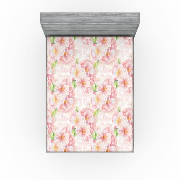 Ambesonne Flowers Vintage Fitted Sheet, Art Delicate Floral, California King, Pale Pink Lime Green