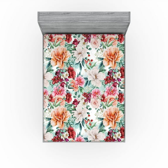Ambesonne Flowers Vintage Fitted Sheet, Boho Dreamy Floral, Queen Size, Jade Green Burnt Sienna