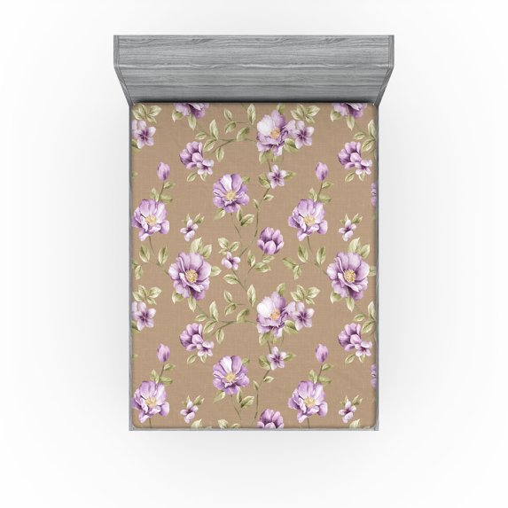 Ambesonne Flowers Vintage Fitted Sheet, Cottagecore Floral, California King, Lavender Warm Taupe
