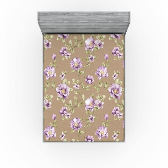 Ambesonne Flowers Vintage Fitted Sheet, Cottagecore Floral, Queen Size, Lavender Warm Taupe