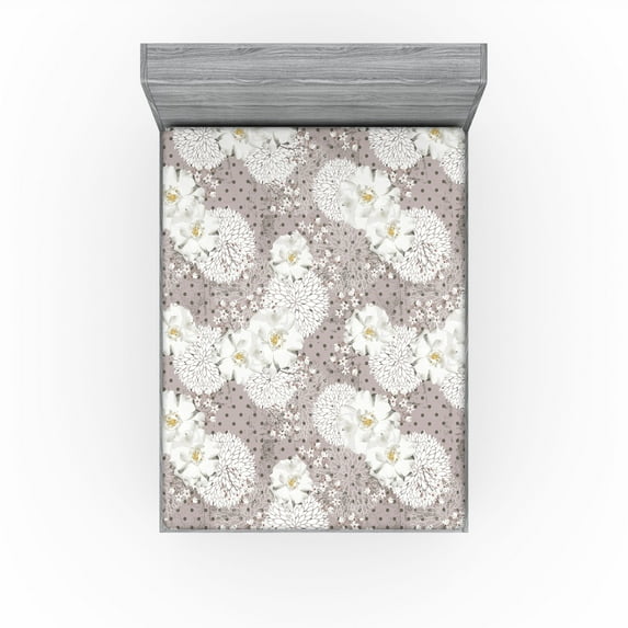 Ambesonne Flowers Vintage Fitted Sheet, Cottagecore Peony, Full Size, Taupe Grey Off White