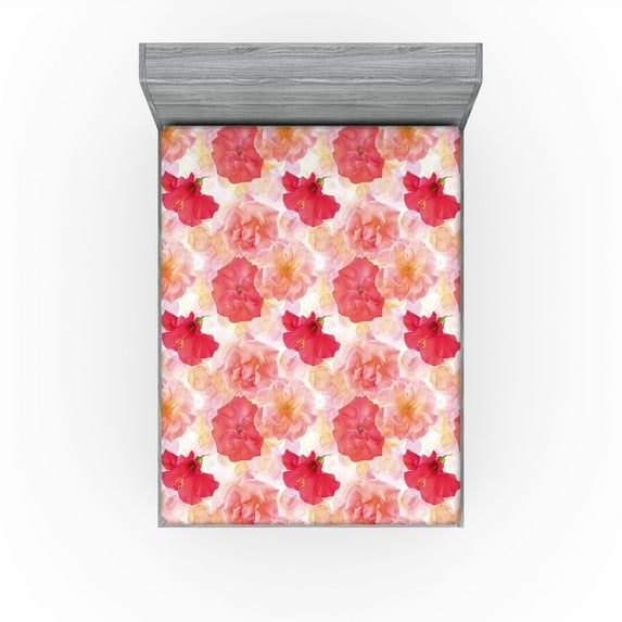 Ambesonne Flowers Vintage Fitted Sheet, Delicate Floral, California King, Blush Coral Dark Pink
