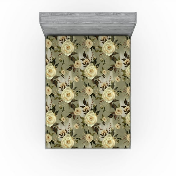 Ambesonne Flowers Vintage Fitted Sheet, Eucalyptus Pattern, California King, Pistachio Green Off White