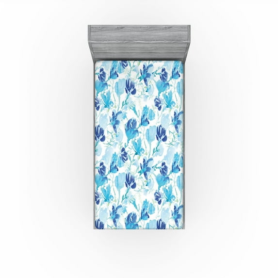 Ambesonne Flowers Vintage Fitted Sheet, Floral Watercolor, Twin XL Size, Sea Blue Lime Green White