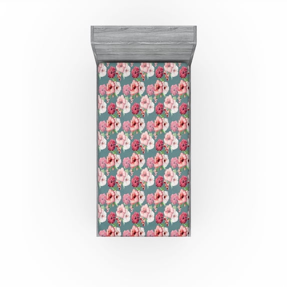 Ambesonne Flowers Vintage Fitted Sheet, Hibiscus Leaves Art, Twin Size, Dark Pink Cadet Blue