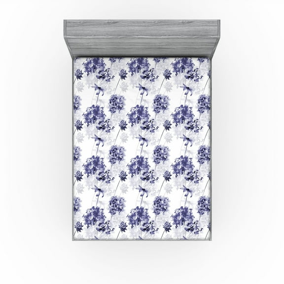 Ambesonne Flowers Vintage Fitted Sheet, Hydrangea Pattern, Full Size, Dark Lavender Ceil Blue