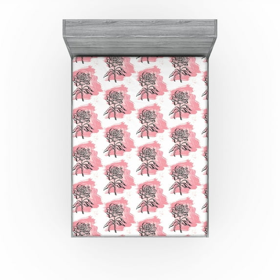 Ambesonne Flowers Vintage Fitted Sheet, Linear Rose Sketch, Queen Size, Pastel Pink Charcoal Grey