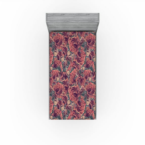 Ambesonne Flowers Vintage Fitted Sheet, Melancholic Floral, Twin XL Size, Dark Teal Pale Ruby Plum