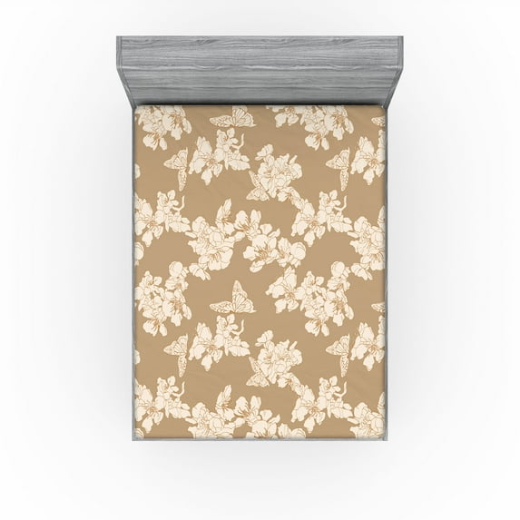 Ambesonne Flowers Vintage Fitted Sheet, Minimalist Floral, Full Size, Eggshell Pastel Brown