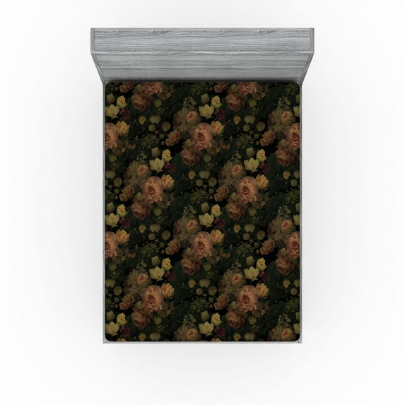 Ambesonne Flowers Vintage Fitted Sheet, Night Rose Pattern, Queen Size, Pale Ruby and Pale Green