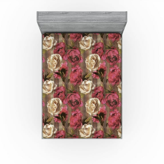 Ambesonne Flowers Vintage Fitted Sheet, Nostalgic Peony Art, California King, Hot Pink Champagne