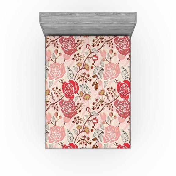 Ambesonne Flowers Vintage Fitted Sheet, Pastel Jungle Bloom, California King, Dark Coral Pale Pink