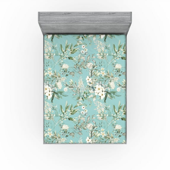 Ambesonne Flowers Vintage Fitted Sheet, Retro Floral Art, Full Size, Almond Green Eggshell