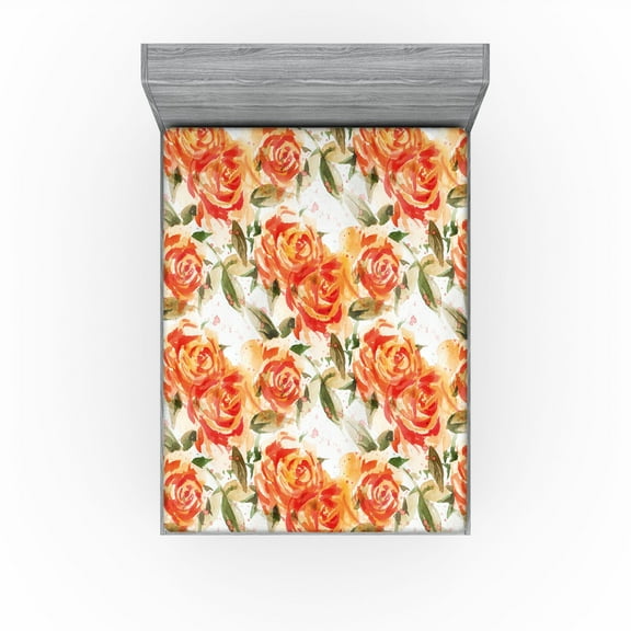 Ambesonne Flowers Vintage Fitted Sheet, Retro Rose Floral, California King, Vermilion Peacock Green