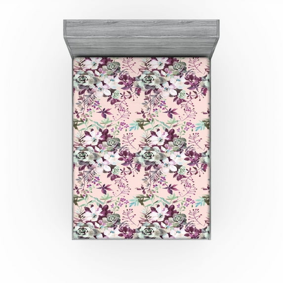 Ambesonne Flowers Vintage Fitted Sheet, Romantic Floral, King Size, Laurel Green and Eggplant