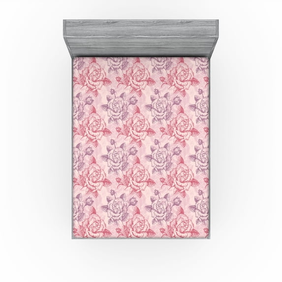 Ambesonne Flowers Vintage Fitted Sheet, Romantic Rose Art, King Size, Pale Eggplant Dark Pink