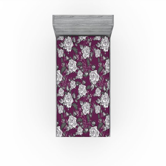 Ambesonne Flowers Vintage Fitted Sheet, Rose Design Romance, Twin XL Size, Dark Magenta Off White