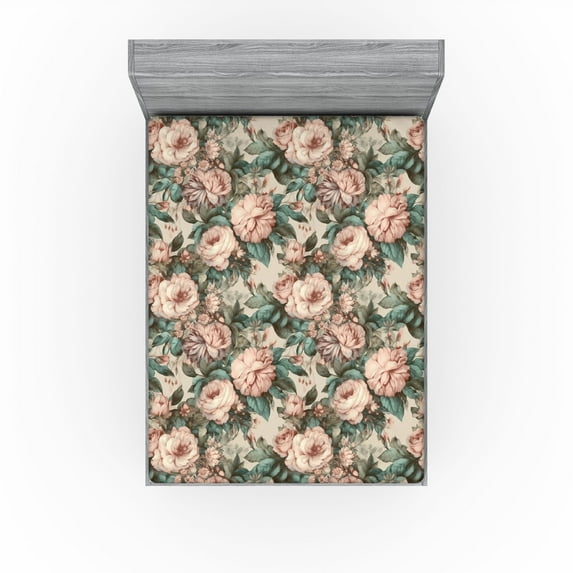Ambesonne Flowers Vintage Fitted Sheet, Soft Colors Floral, King Size, Blush Cadet Blue Cream