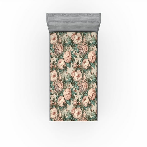 Ambesonne Flowers Vintage Fitted Sheet, Soft Colors Floral, Twin XL Size, Blush Cadet Blue Cream