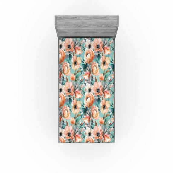 Ambesonne Flowers Vintage Fitted Sheet, Spring Colors Bloom, Twin Size, Coral Mint Green Teal