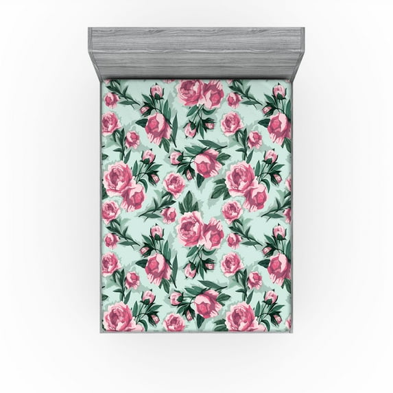 Ambesonne Flowers Vintage Fitted Sheet, Vintage Feels Roses, Queen Size, Almond Green Magenta Teal
