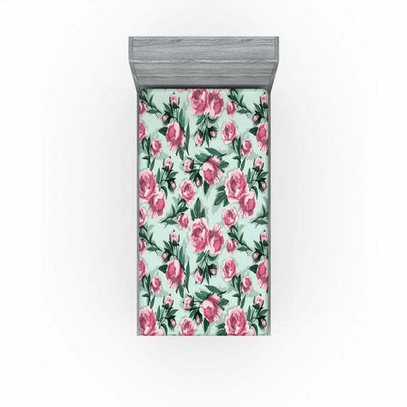 Ambesonne Flowers Vintage Fitted Sheet, Vintage Feels Roses, Twin Size, Almond Green Magenta Teal