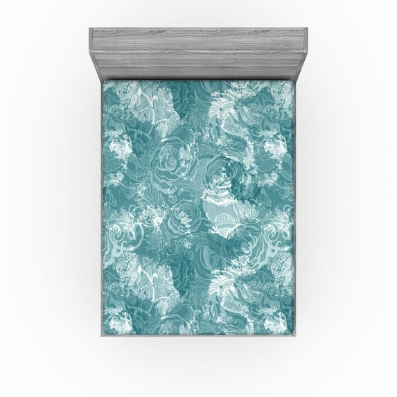 Ambesonne Flowers Vintage Fitted Sheet, Weathered Jungle, Queen Size, Cadet Blue and Petrol Blue