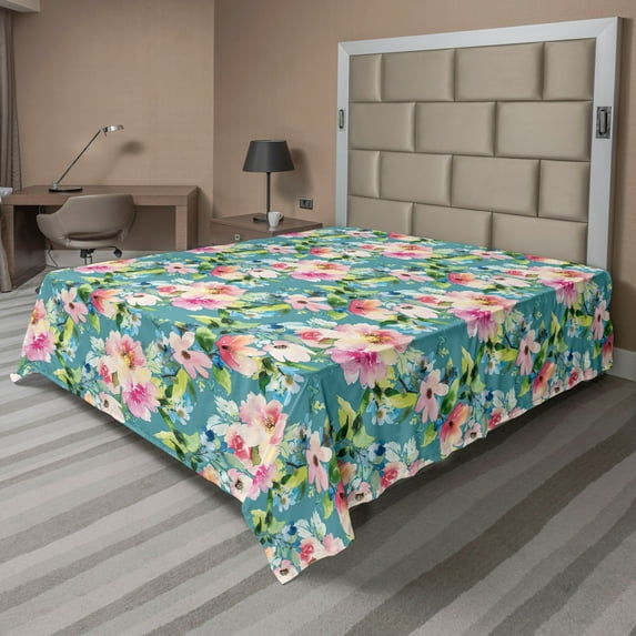 Ambesonne Flowers Vintage Flat Bedding Sheet Soft Top Sheet, Cottagecore Floral, Full, Seafoam Pale Pink Blush