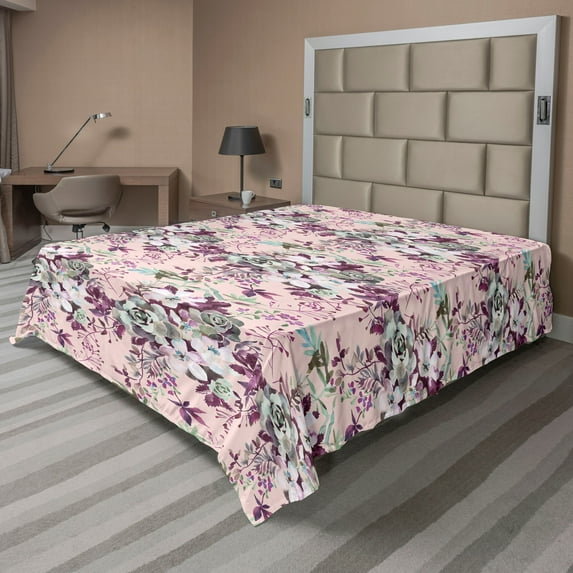 Ambesonne Flowers Vintage Flat Bedding Sheet Soft Top Sheet, Romantic Floral, King, Laurel Green and Eggplant