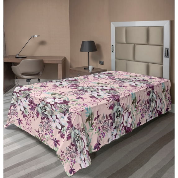 Ambesonne Flowers Vintage Flat Bedding Sheet Soft Top Sheet, Romantic Floral, Twin, Laurel Green and Eggplant