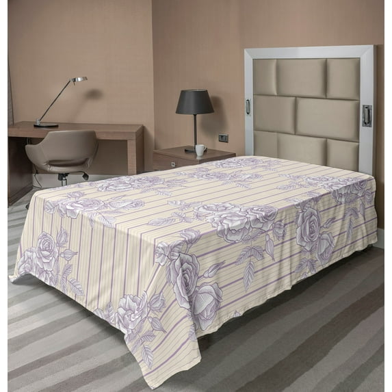 Ambesonne Flowers Vintage Flat Bedding Sheet Soft Top Sheet, Striped Back Roses, Twin, Pale Lavender Cream