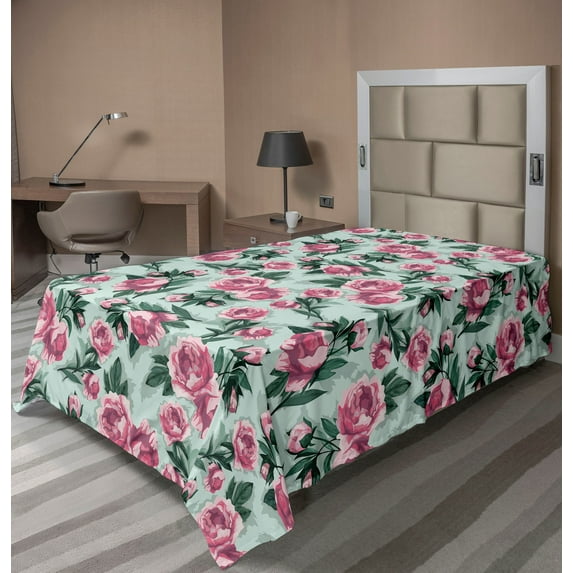 Ambesonne Flowers Vintage Flat Bedding Sheet Soft Top Sheet, Vintage Feels Roses, Twin, Almond Green Magenta Teal