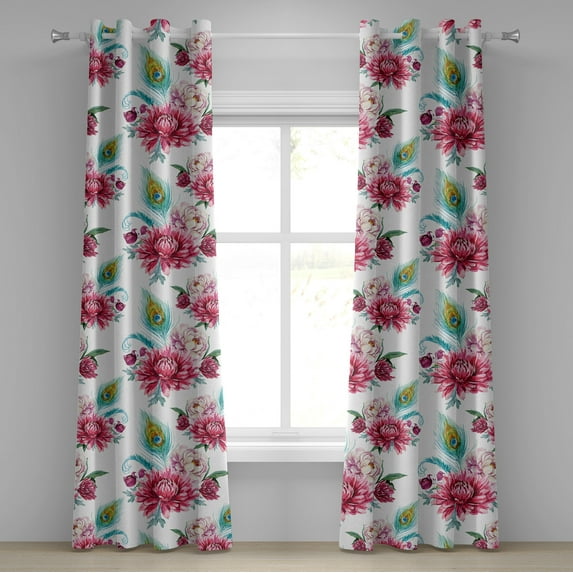 Ambesonne Flowers Vintage Grommet Curtain, Chrysanthemum Print, 50"x84", Almond Green Dark Pink
