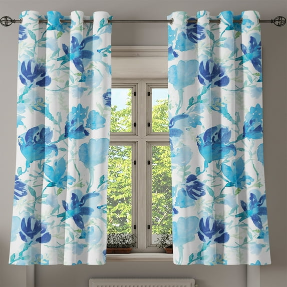 Ambesonne Flowers Vintage Grommet Curtain, Floral Watercolor, 50"x60", Sea Blue Lime Green White