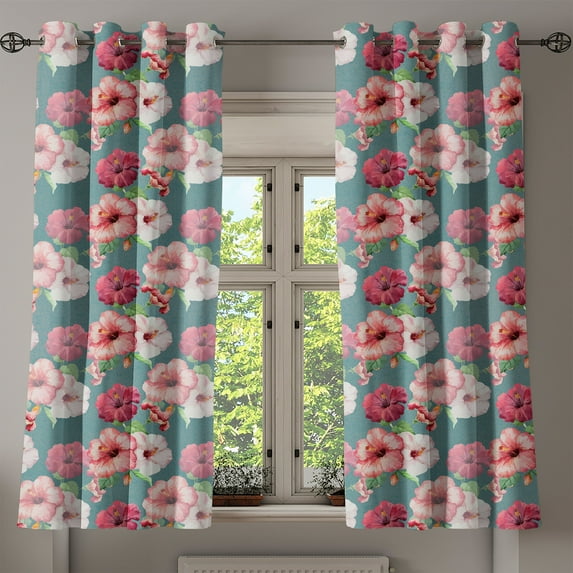 Ambesonne Flowers Vintage Grommet Curtain, Hibiscus Leaves Art, 50"x63", Dark Pink Cadet Blue