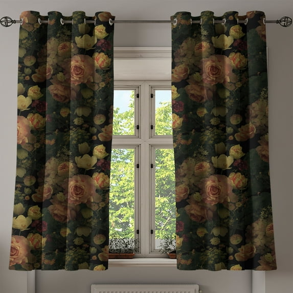 Ambesonne Flowers Vintage Grommet Curtain, Night Rose Pattern, 50"x63", Pale Ruby and Pale Green