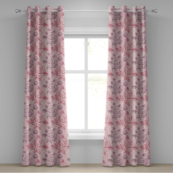 Ambesonne Flowers Vintage Grommet Curtain, Romantic Rose Art, 50"x84", Pale Eggplant Dark Pink