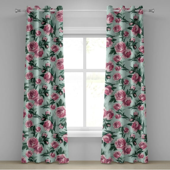 Ambesonne Flowers Vintage Grommet Curtain, Vintage Feels Roses, 50"x108", Almond Green Magenta Teal