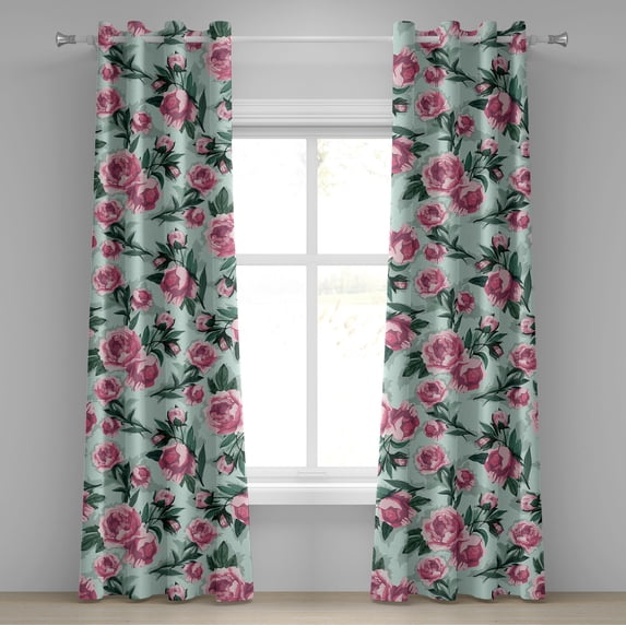 Ambesonne Flowers Vintage Grommet Curtain, Vintage Feels Roses, 50"x120", Almond Green Magenta Teal