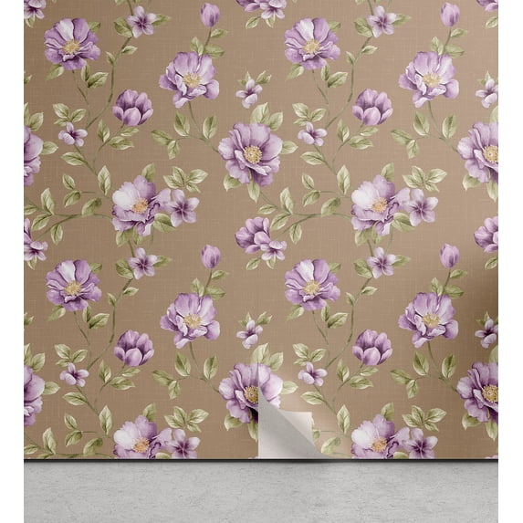 Ambesonne, Flowers Vintage Peel & Stick Wallpaper for Home, Cottagecore Floral, 13"x100", Lavender Warm Taupe